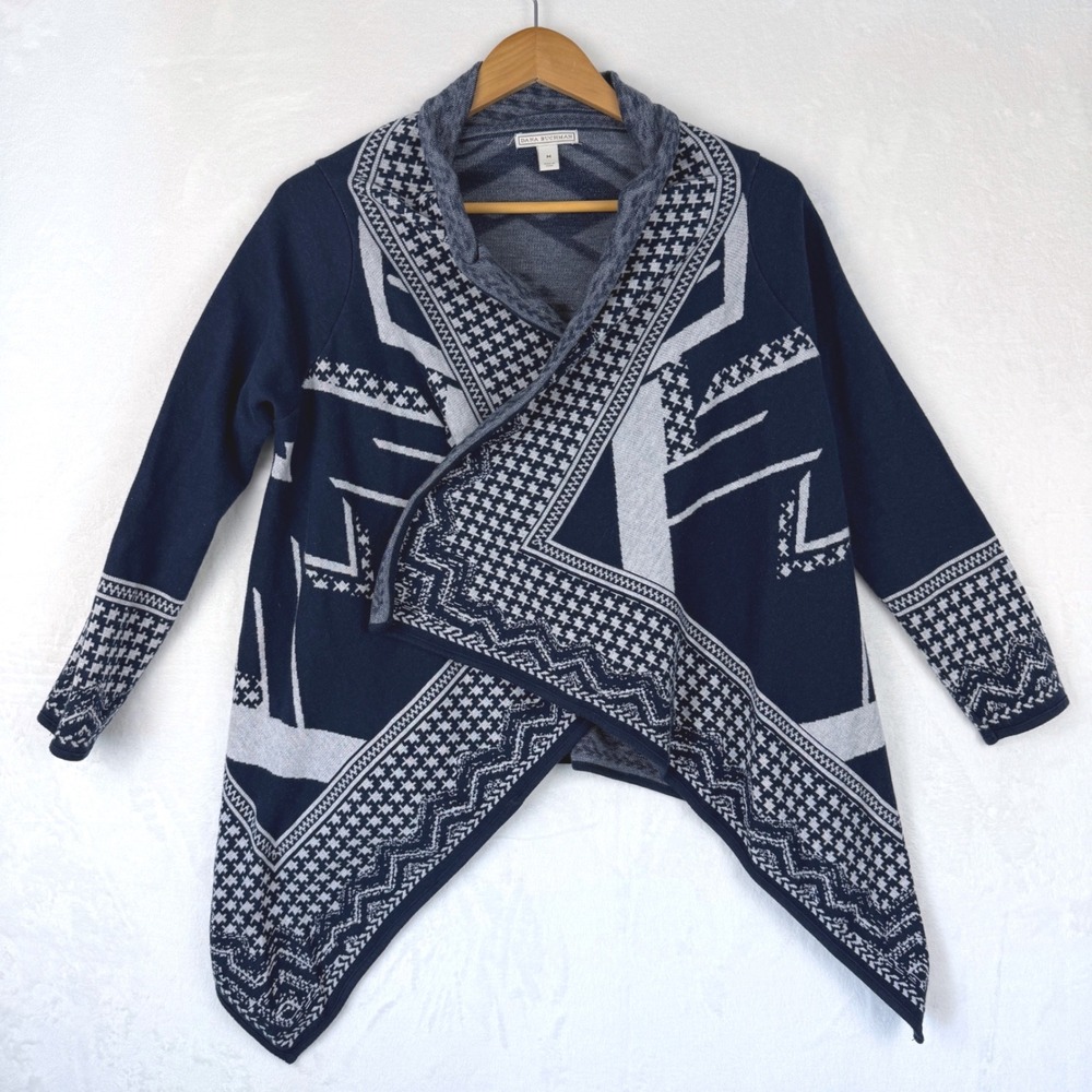 Dana Buchman Navy Blue White Geometric Cotton Open Front Cardigan Sweater Mens M